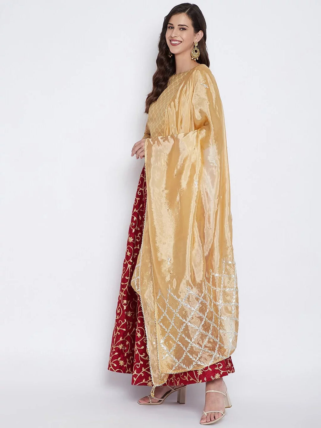 eloria Woman's Indian Ethnic Chunni, Silk blend Embroidered Golden Dupatta, Stole, Scarf Shawl Wrap