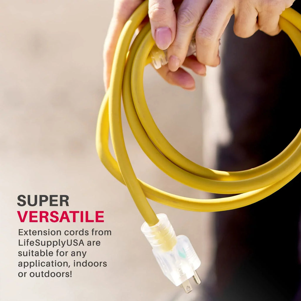 LifeSupplyUSA 100 ft Yellow Extension Cord - Durable Outdoor & Indoor Use, 16 Gauge, 3 Prong, Lighted, Flexible, Oil & Abrasion Resistant, 10 , 125V, 1250W, Smart Plug Compatible.