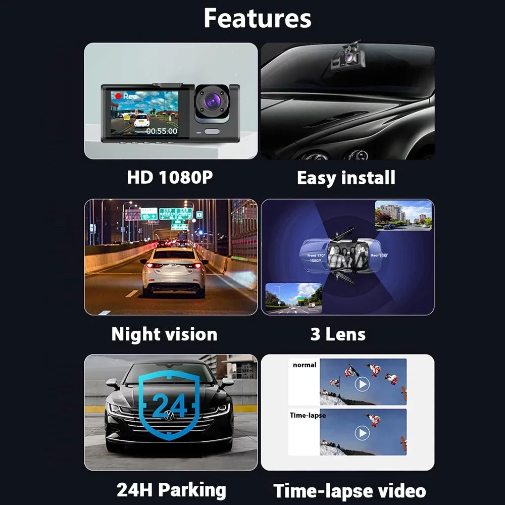 Pinnaco Dash Cam Clear Car Rearview Mirror Video Recorder with 3 Cameras, WiFi Interconnection, and Auto Safety Features
