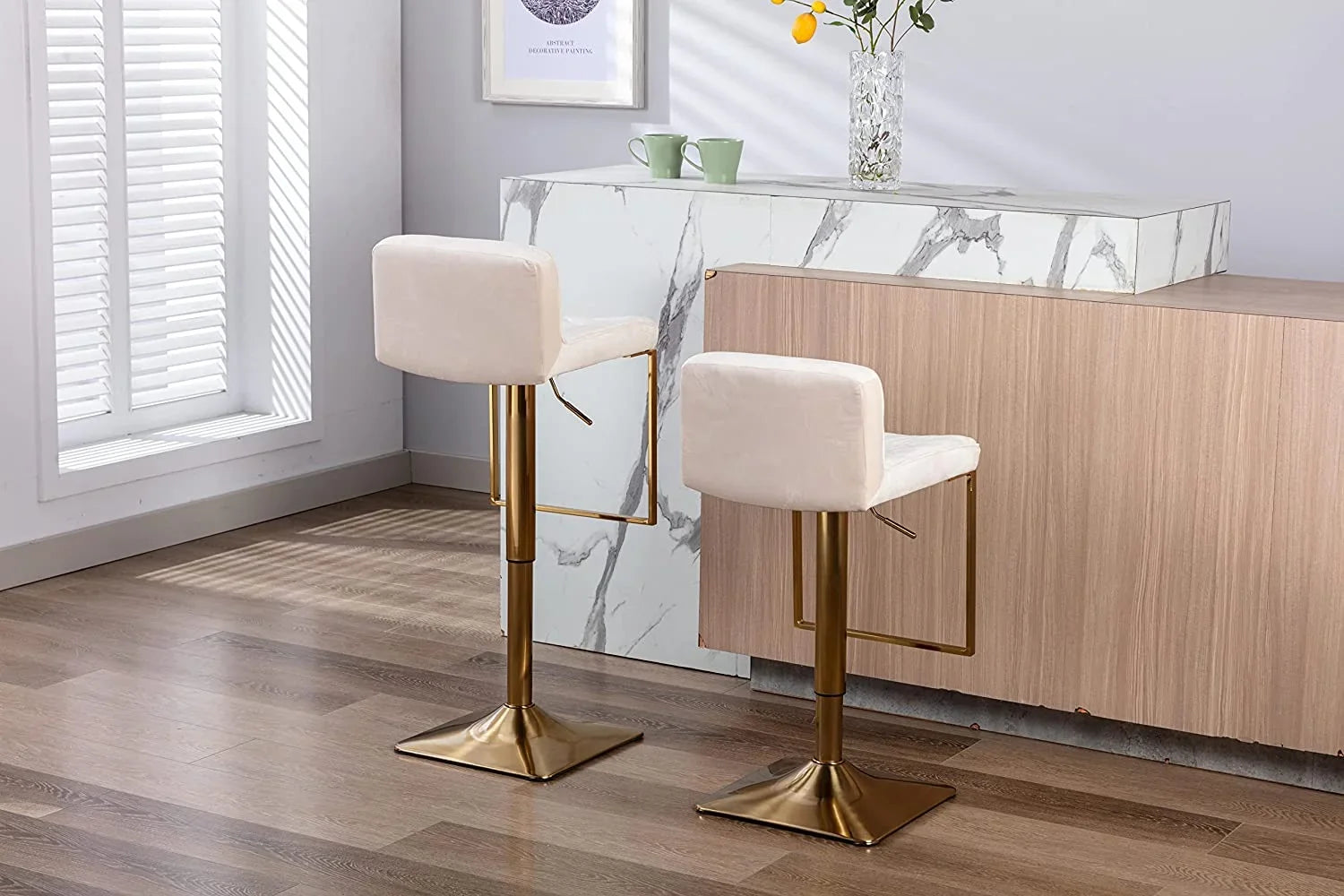 xrboomlife Velvet  Stools  Modern Swivel Counter Height Barstools  Height Adjustable Kitchen Stools for Island  Chairs Island Stools Chair Gold sillas para barra de cocina (Ivory  Set of