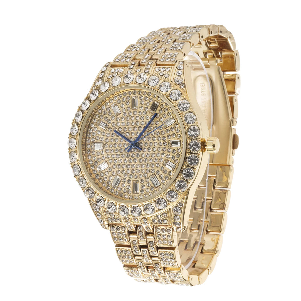 Charles Raymond Mens Hip Hop Metal Timepiece - Big Rhinestones on Trim and Elegant Baguette Time Indicators on Dial - Master Blinged Out Designer Look -   Single (Gold Gold)