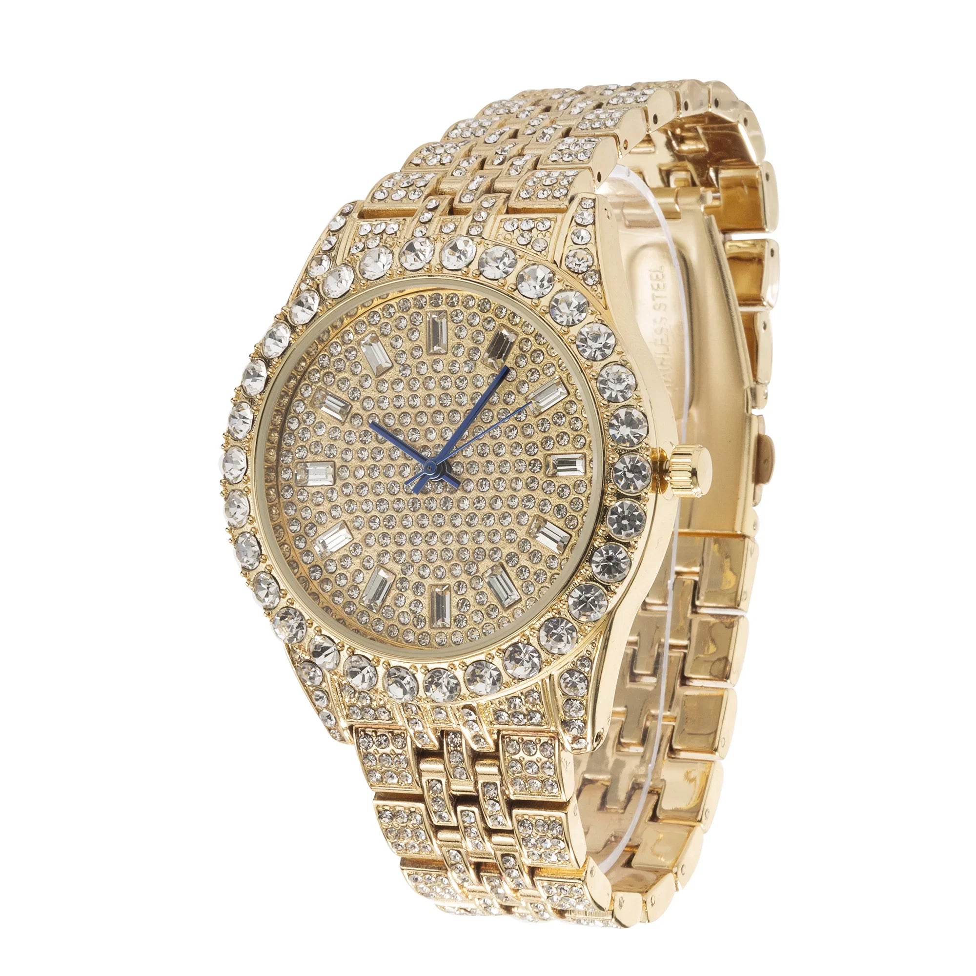 Charles Raymond Mens Hip Hop Metal Timepiece - Big Rhinestones on Trim and Elegant Baguette Time Indicators on Dial - Master Blinged Out Designer Look -   Single (Gold Gold)