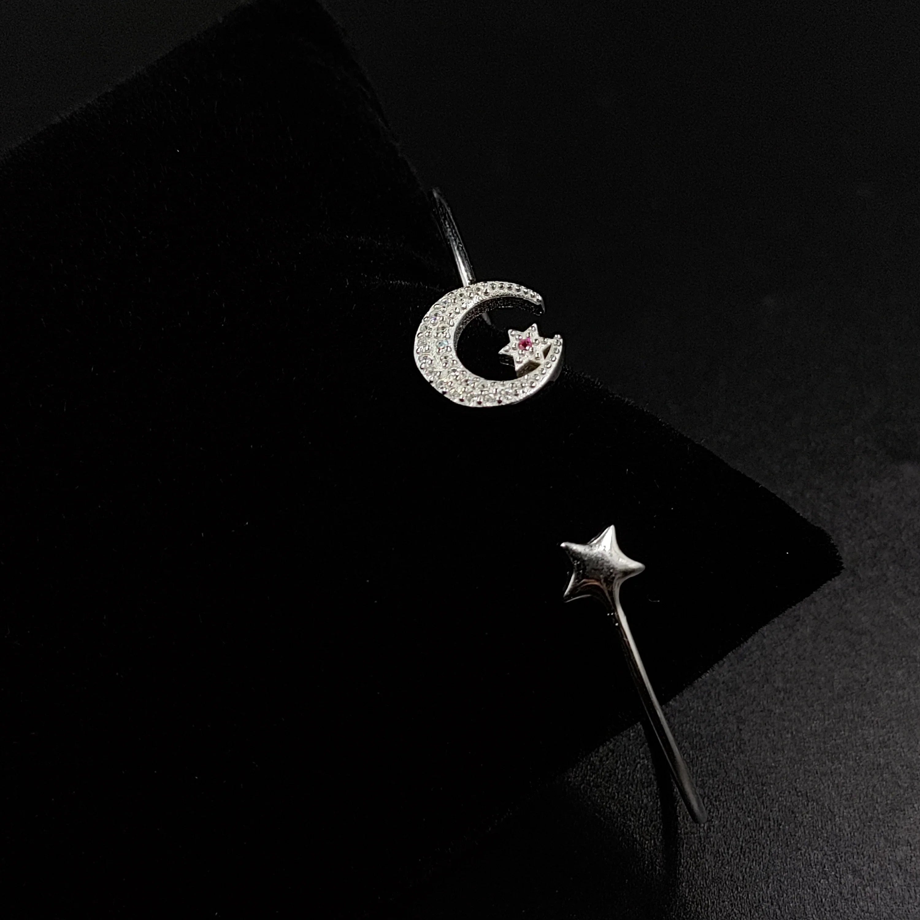 Moon and Star Solid Silver Open ended cuff style Celesticle jewelry Handmade Kada Adjustable Bracelet Best Gift idea for Girls