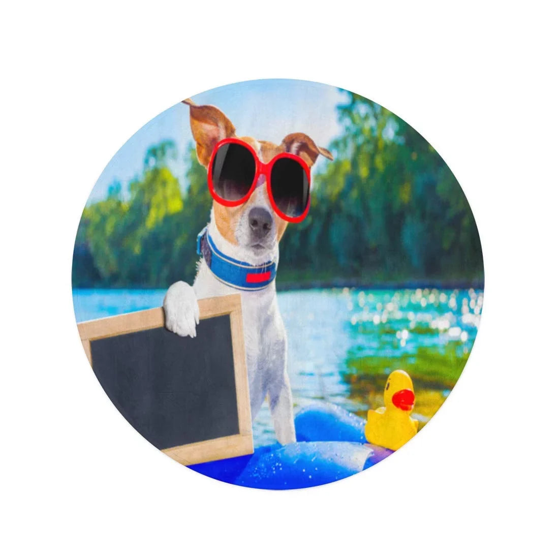 60 inch Round Beach Towel Blanket Jack Russell Dog Sitting on Inflatable Mattress in Water Travel Circle Circular Towels Mat Tapestry Beach Throw