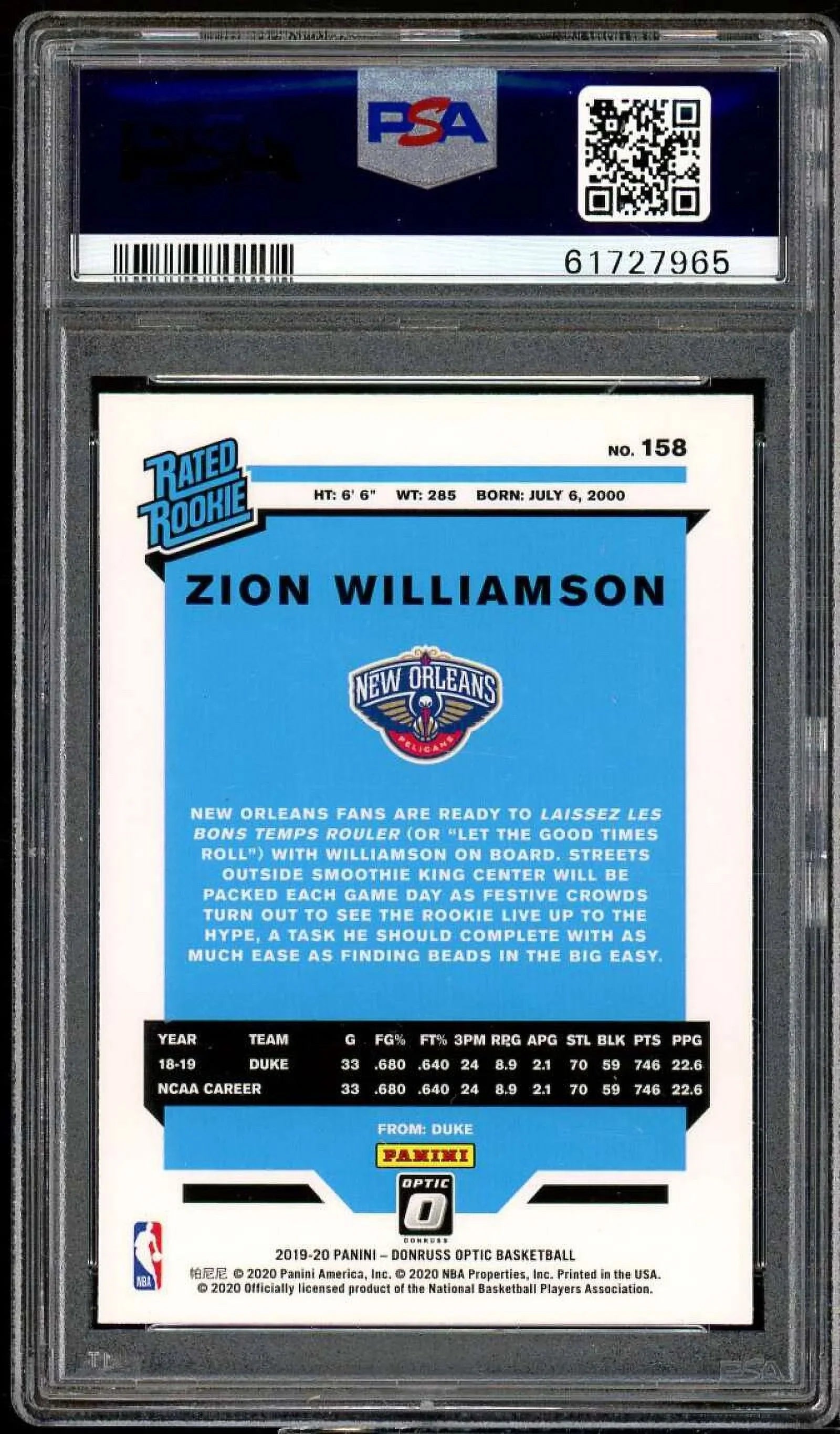 Zion Williamson Rookie Card 2019-20 Panini Donruss Optic #158  10
