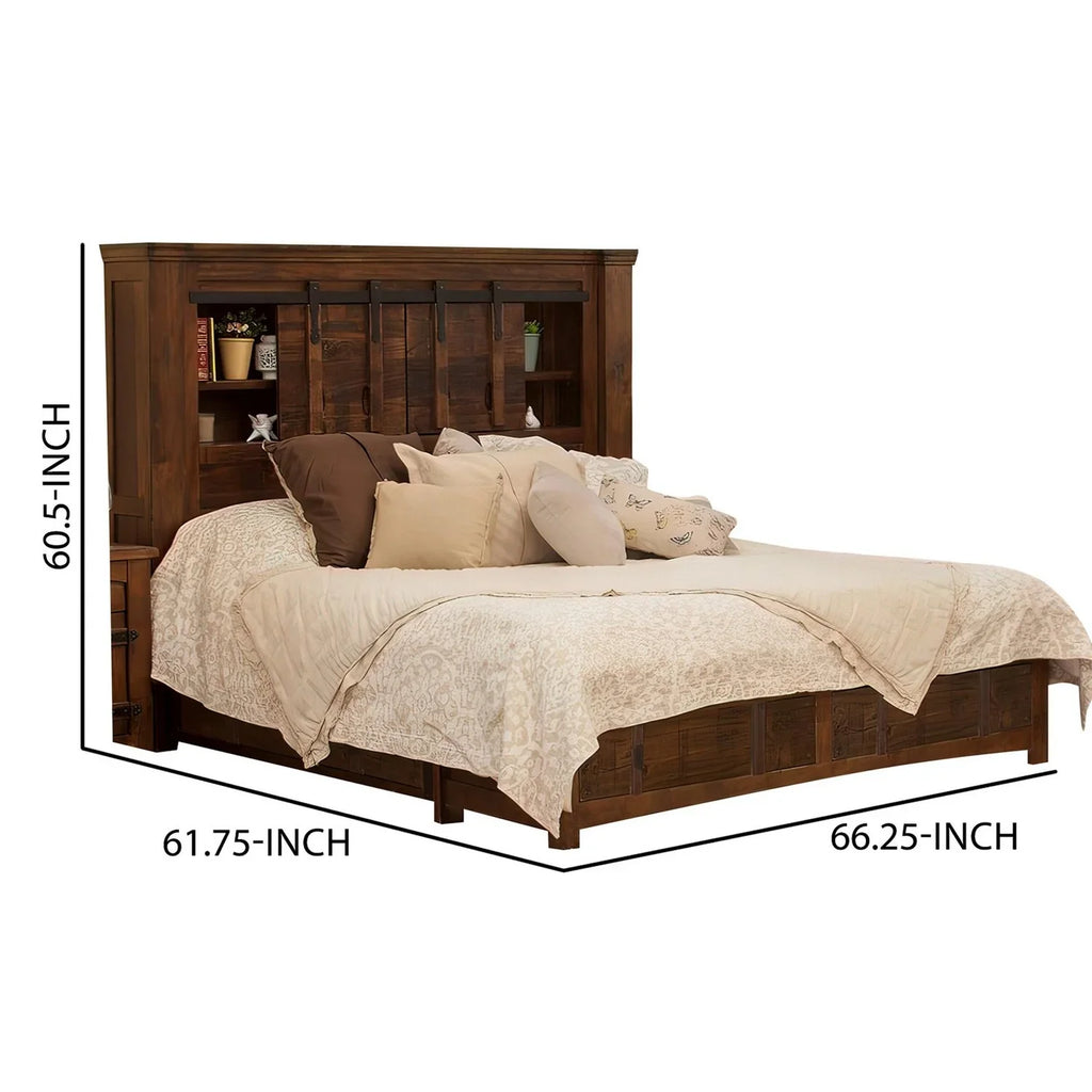 Benjara Maye King Size Bed, 2 Drawers, Fixed Shelves, Deep Rustic Brown Finish