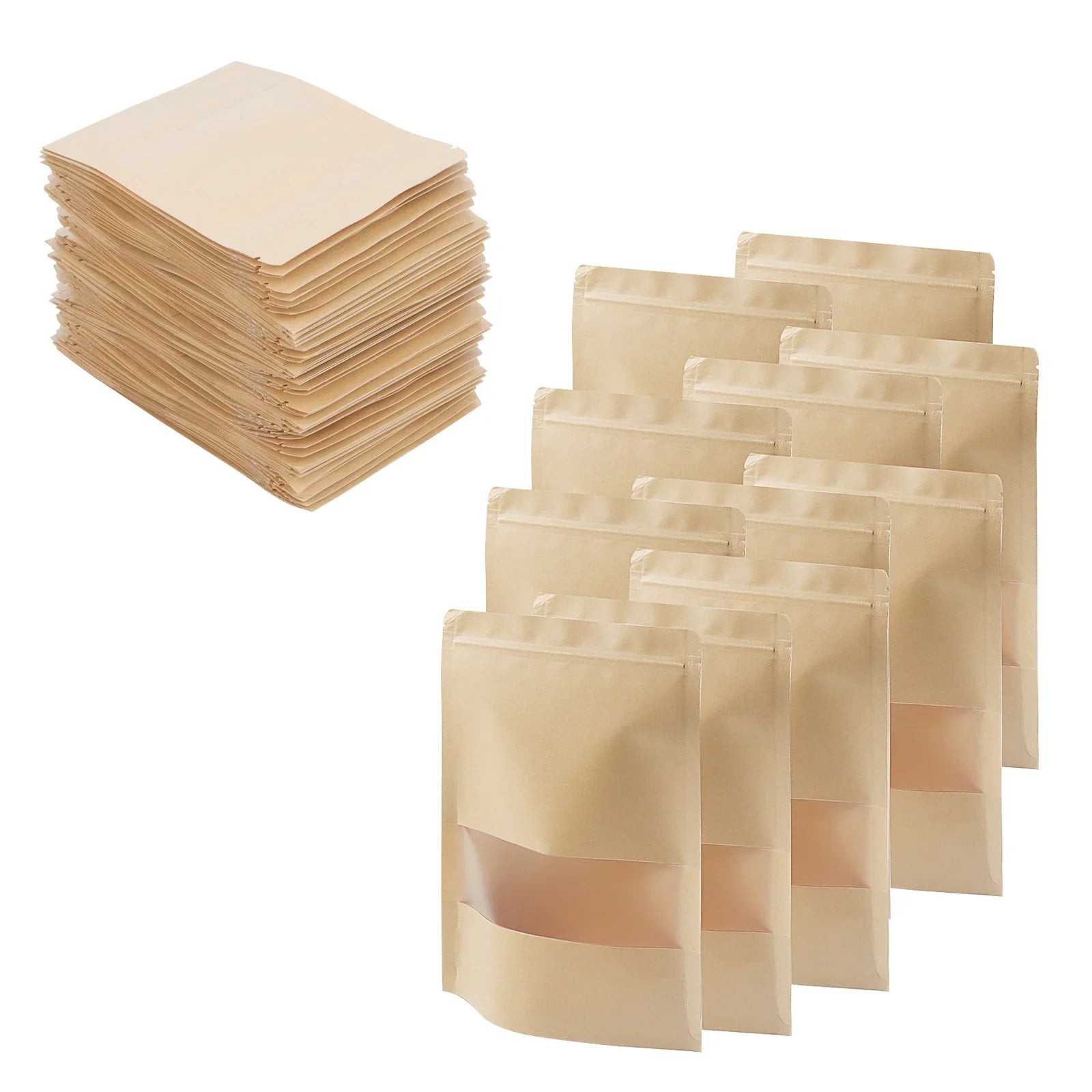200 Pcs Kraft Bags with Windows, 7 x 10 Inch Resealable Kraft Stand Up Pouches for Food, Bean, Nut
