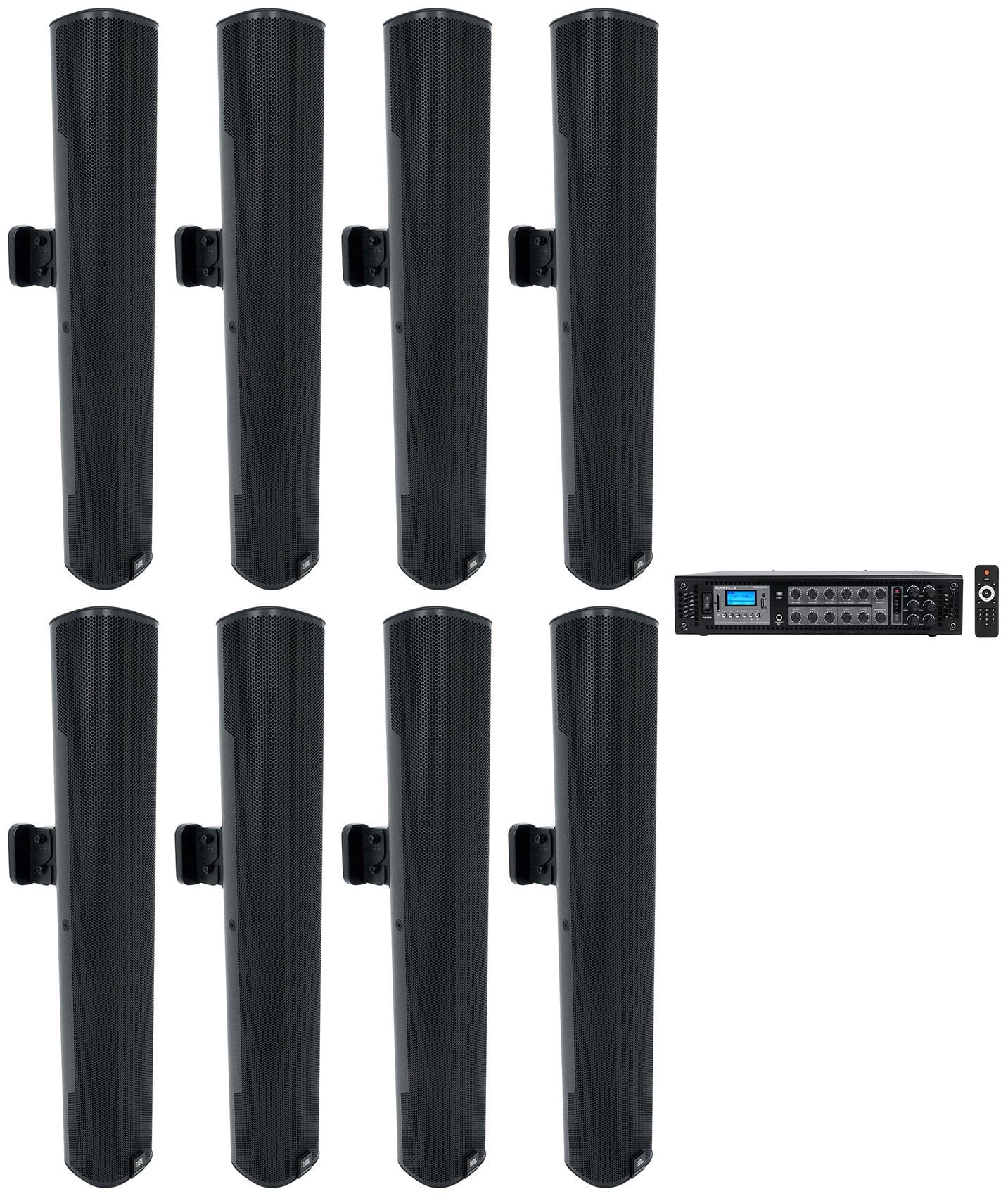 (8)  - 24" Black 70V Commercial Column Wall Mount Array Speakers+Amp