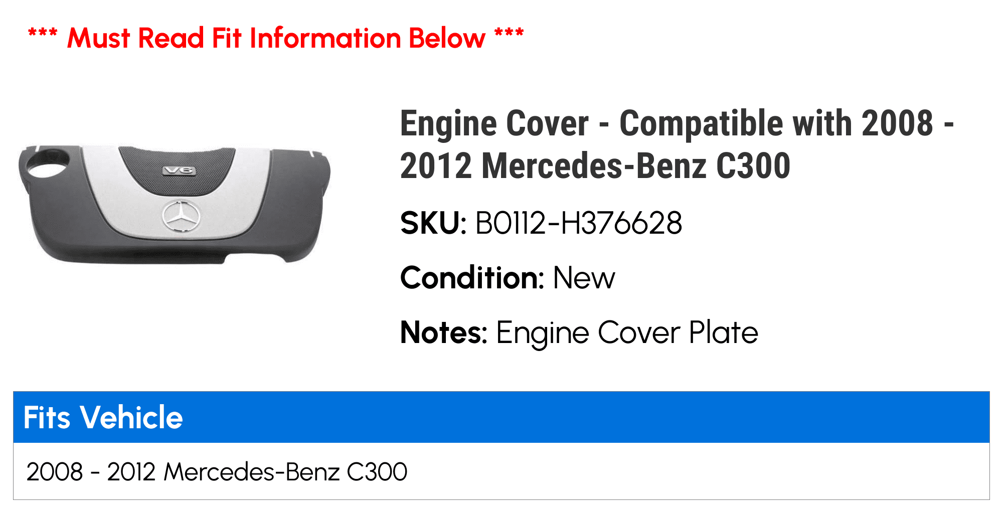 Engine Cover - Compatible with 2008 - 2012 Mercedes-Benz  2009 2010 2011