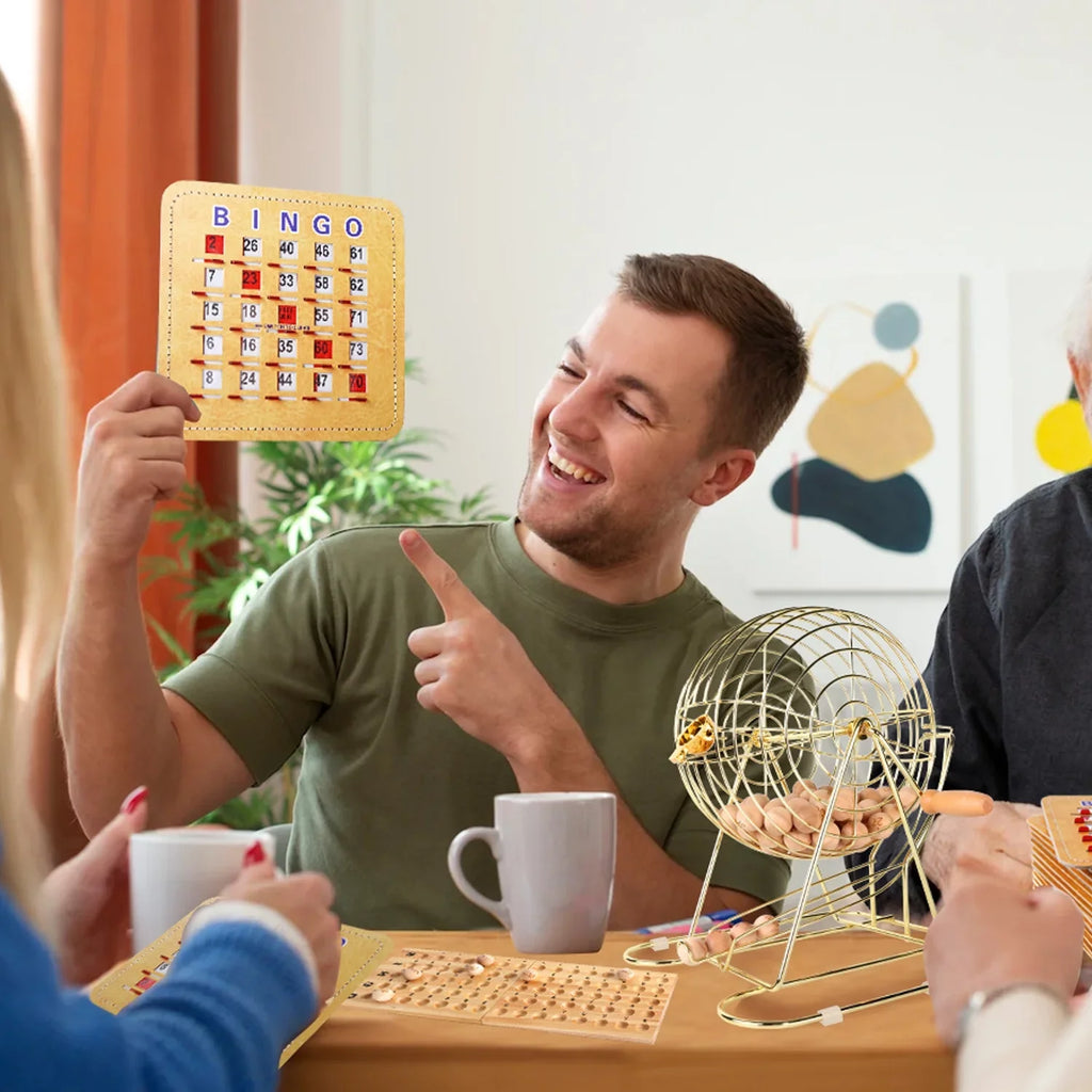 Games & Sports Expert Deluxe Bingo Game Set with Gold Bingo Cage, Wood Masterboard, Wood Bingo Balls and Shutter Bingo Cards. Great for Kids, Adults and Family Party