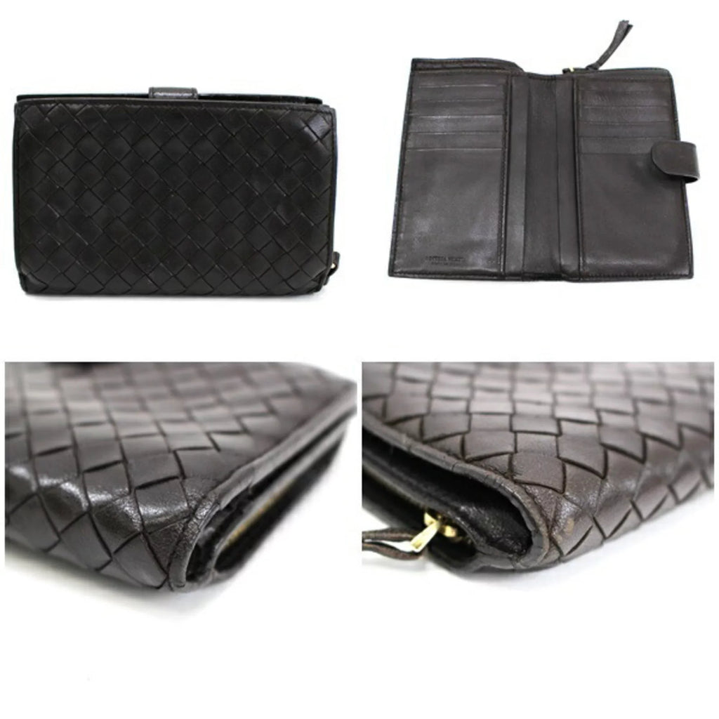 Pre-Owned Bottega Veneta Intrecciato 2-fold -shaped wallet dark brown leather   men's round coin purse two-fold (Fair)