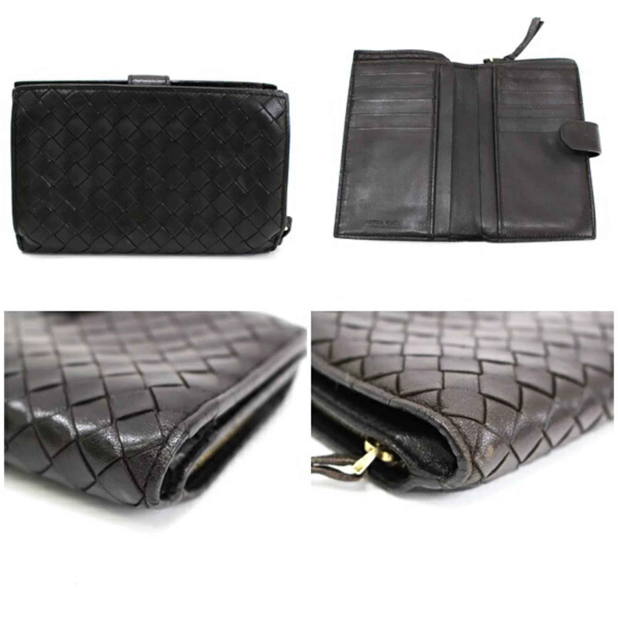Pre-Owned Bottega Veneta Intrecciato 2-fold -shaped wallet dark brown leather   men's round coin purse two-fold (Fair)