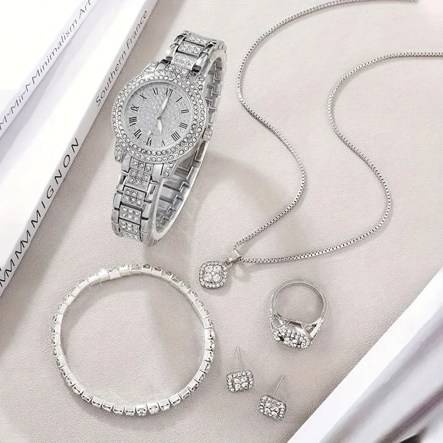 Luxury Rhinestone Quartz Watch Hiphop Fashion Analog Wrist Watch & 6pcs Jewelry Set, Gift For Women Her