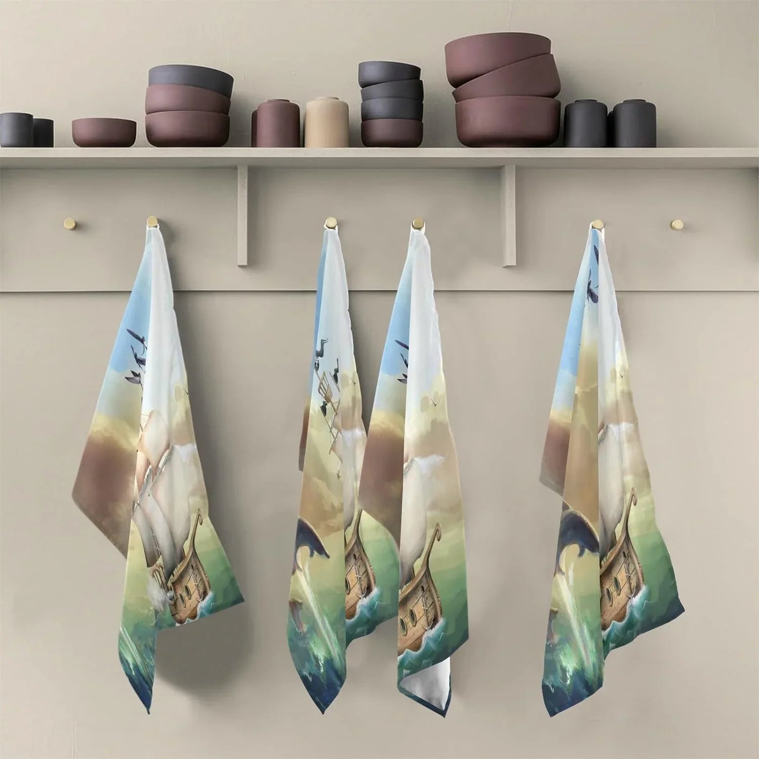 Jumping Dolphins Sailyacht Tea Towels Set of 6 Ocean Summer Kitchen Dish Cloth with Hanging Loop, 18"x28"Lint-Free Absorbent Towel for Kitchen Drying Wiping and Cleaning