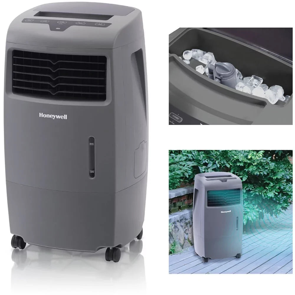 Honeywell 500-694CFM Indoor Outdoor Portable Evaporative Cooler with Fan & Humidifier, Ice Compartment & Remote Control, , Gray