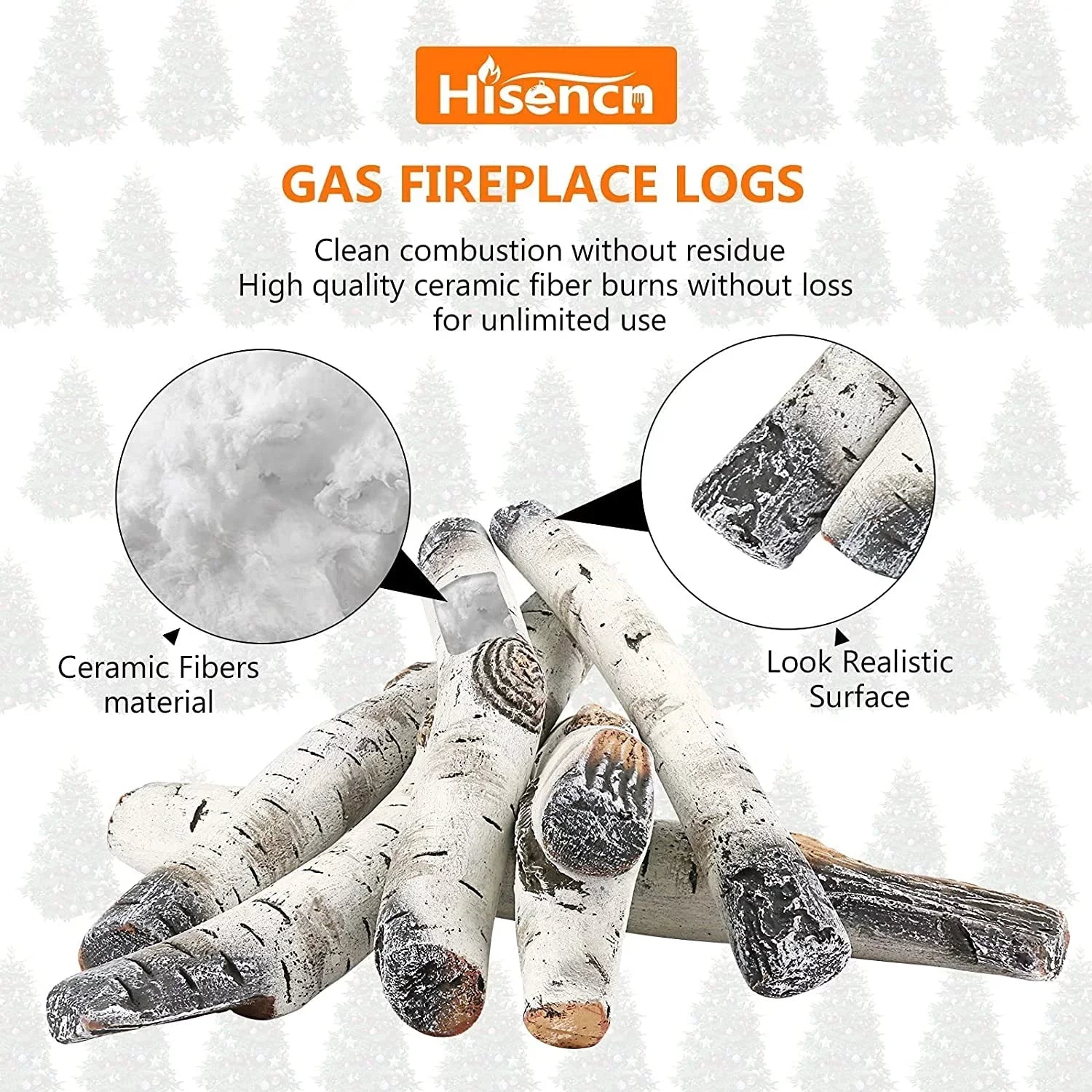Hisencn Gas Fireplace Logs, 6 Pcs White Birch Ceramic Gas Logs for Gas Fireplace, Indoor Electric Gas Inserts, Propane, Vented, Gel, Ethanol, Indoor or Outdoor Fireplaces, Fireplace Decor