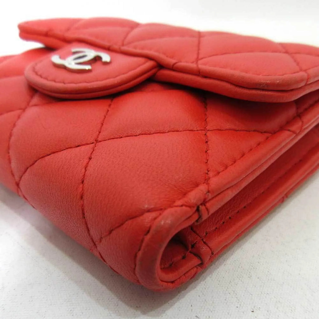 Pre-Owned Chanel Wallet Small Orange Red Series Silver Metal Fittings Mini Trifold Matelasse Women's Lambskin  (Good)