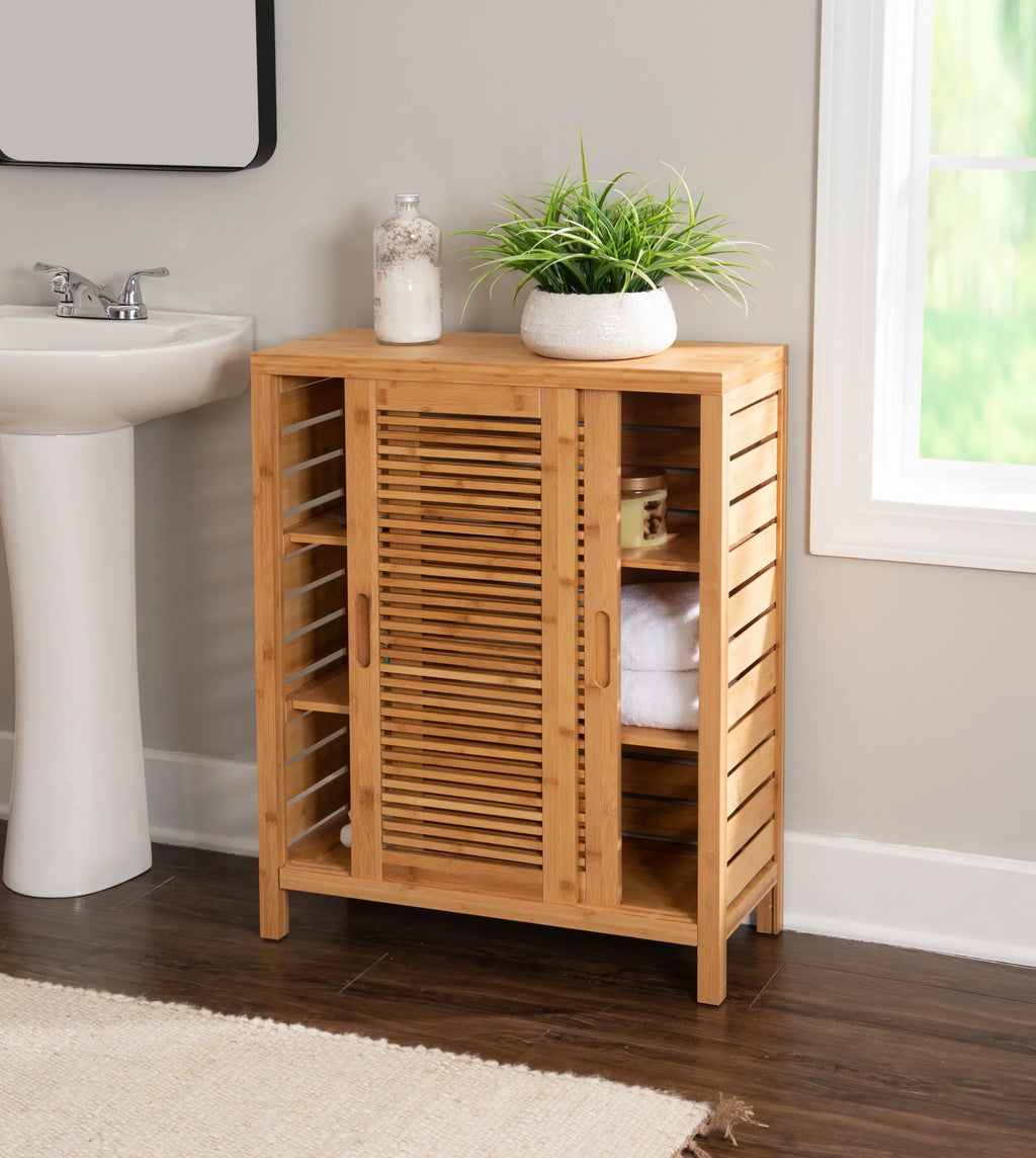 Linon Bracken 3 Shelf 2 Door Bathroom Storage Floor Cabinet, Bamboo