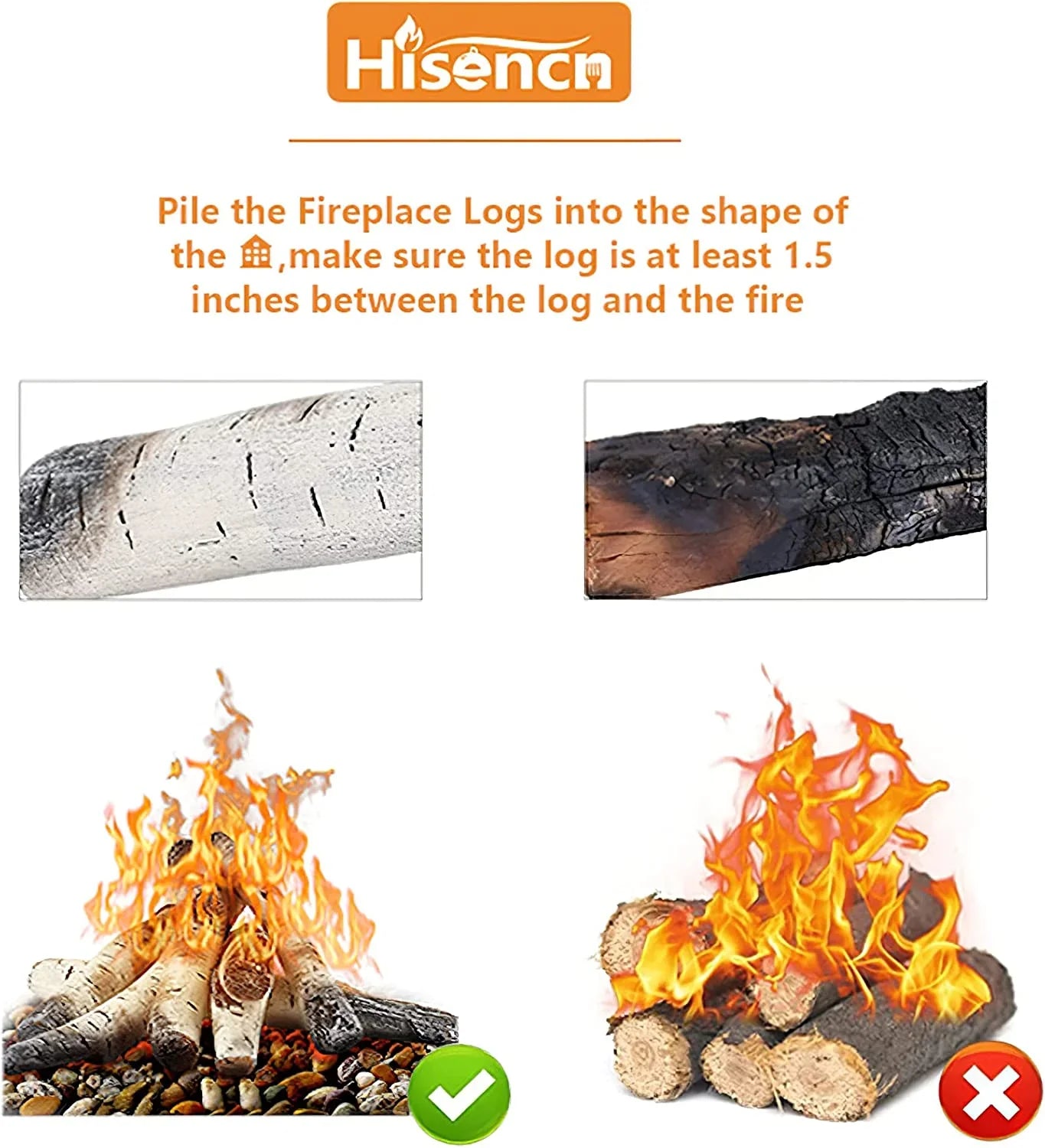 Hisencn Gas Fireplace Logs, 6 Pcs White Birch Ceramic Gas Logs for Gas Fireplace, Indoor Electric Gas Inserts, Propane, Vented, Gel, Ethanol, Indoor or Outdoor Fireplaces, Fireplace Decor