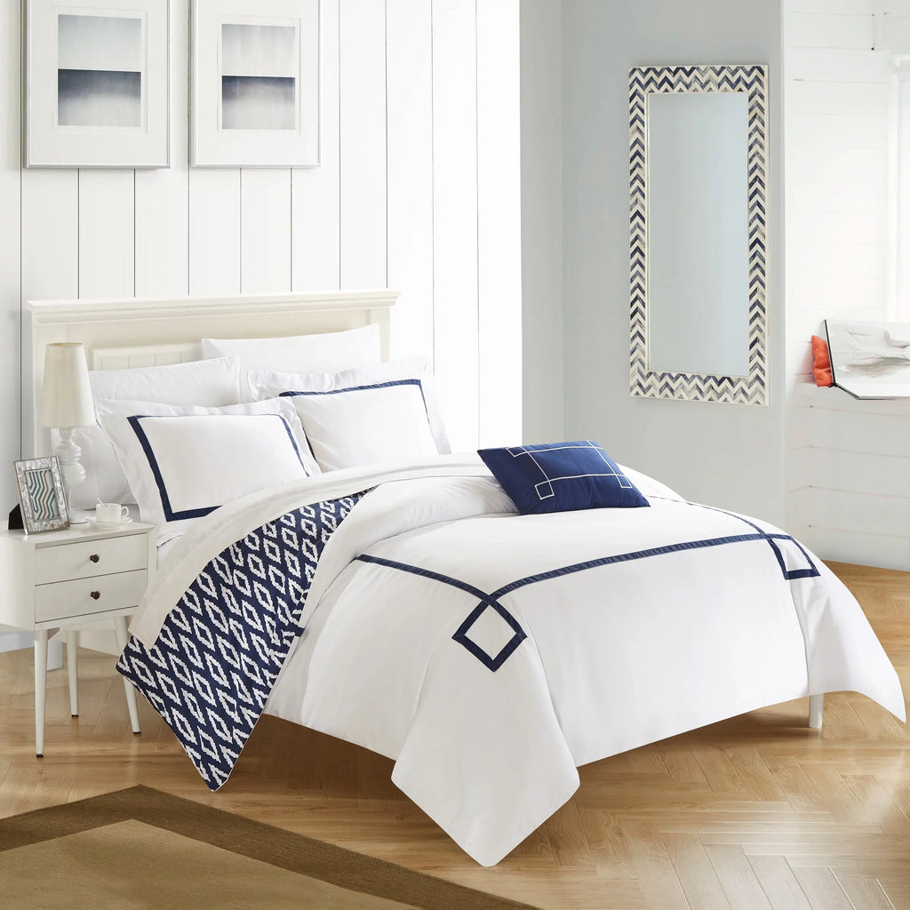 Chic Home 4 Piece Kendall Contemporary Greek Key Embroidered Reversible King Duvet Cover Set Aqua Shams and Decorative Pillows Included