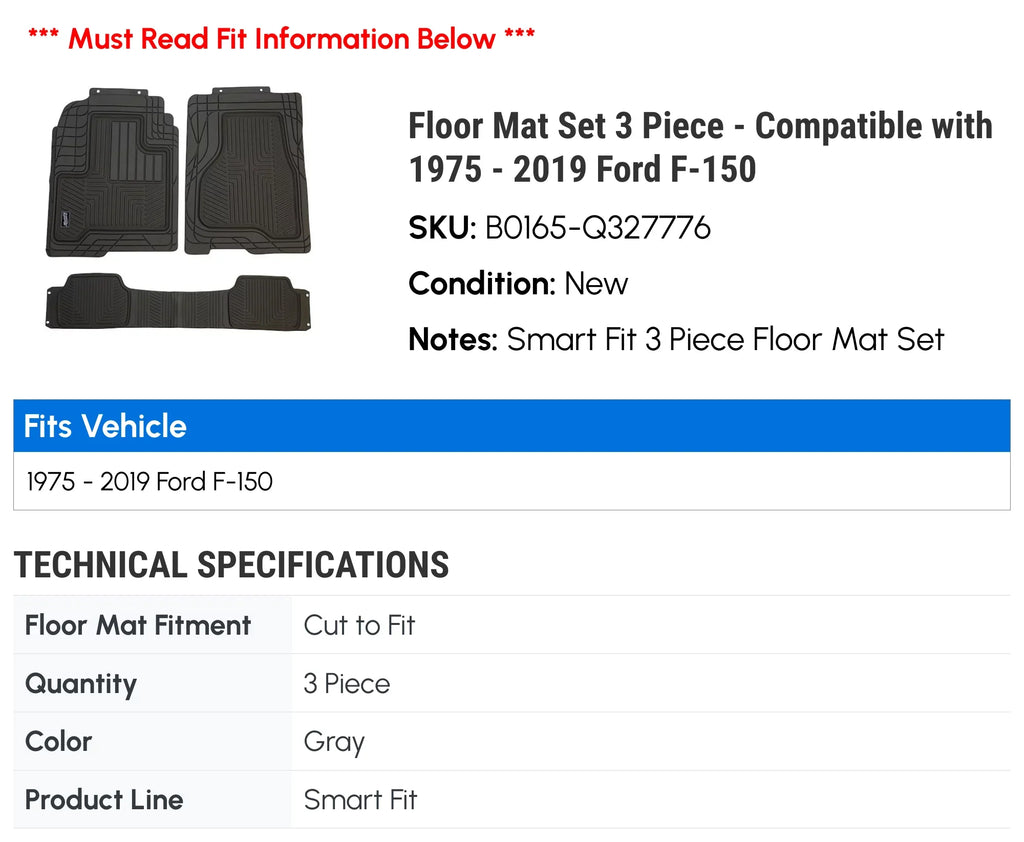 Floor Mat Set 3 Piece - Compatible with 1984 - 1990 Ford Bronco  1985 1986 1987 1988 1989