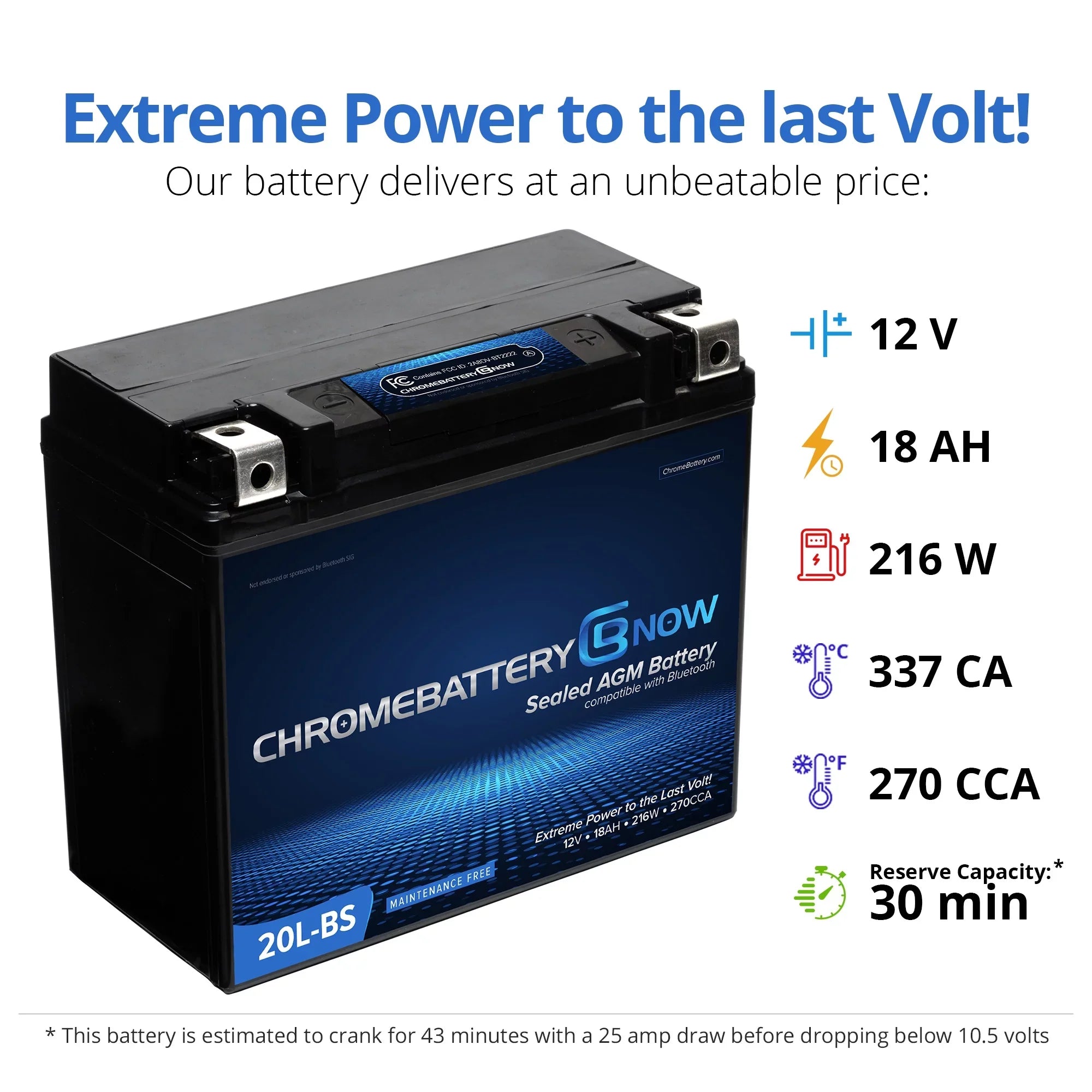 Chrome Battery Now Ytx20l-bs (20l-bs 12 Volt,18 Ah,270 Cca) Intelligent Wireless Smartphone Connectivity  Battery for Personal Watercraft - Brp (sea-doo) 1500 Gti, Gtr, Gts, Gtx, Rxt, Rxp, Wake Years (2016-2018)