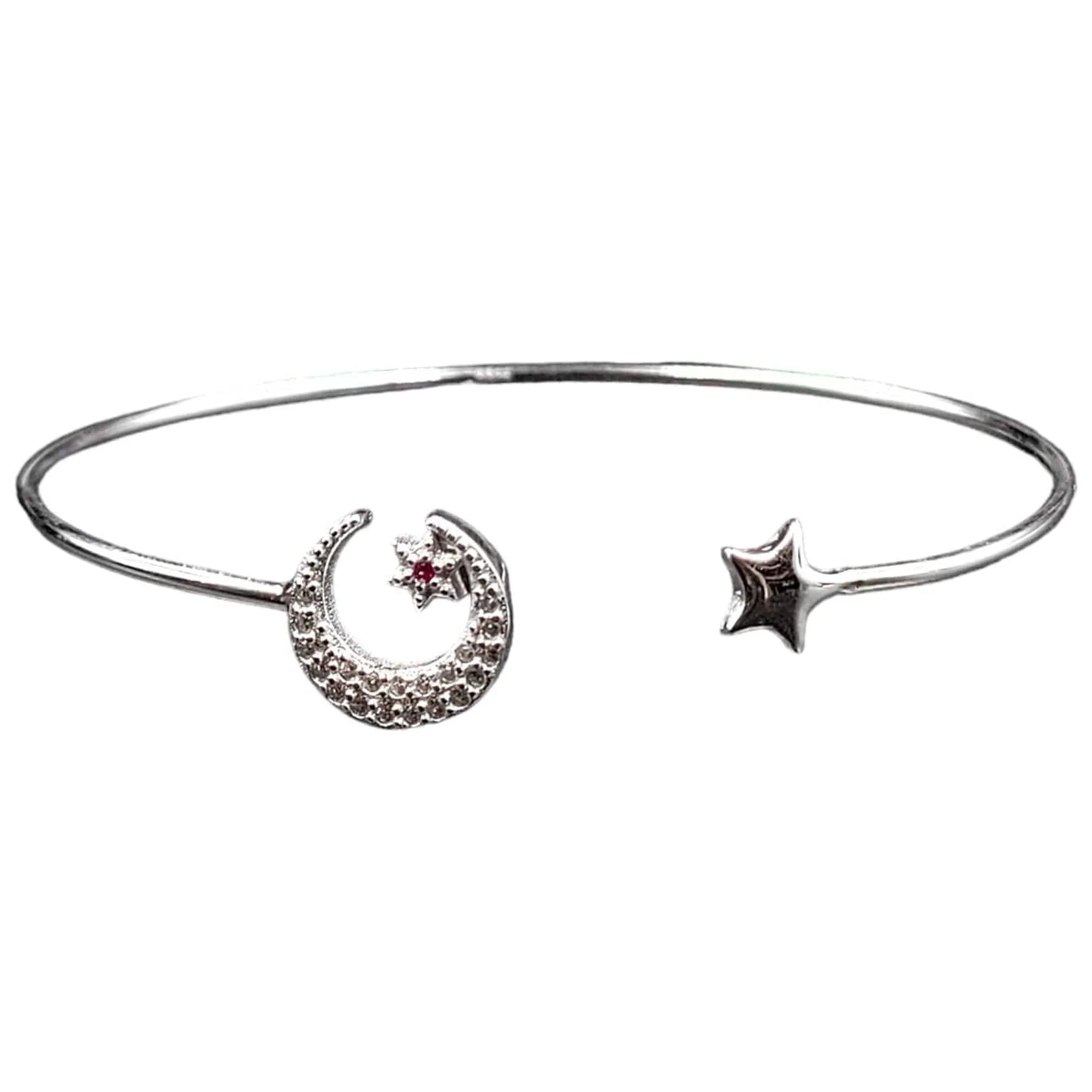 Moon and Star Solid Silver Open ended cuff style Celesticle jewelry Handmade Kada Adjustable Bracelet Best Gift idea for Girls