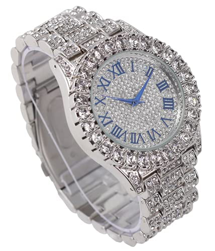 Charles Raymond Mens Silver Big Rocks with Roman Numerals Fully Iced Out Colorful Dial Wristwatch w/Blinged Out Cuban Shiny Silver Bracelet -   Cuban (Silver Royal Blue  #)
