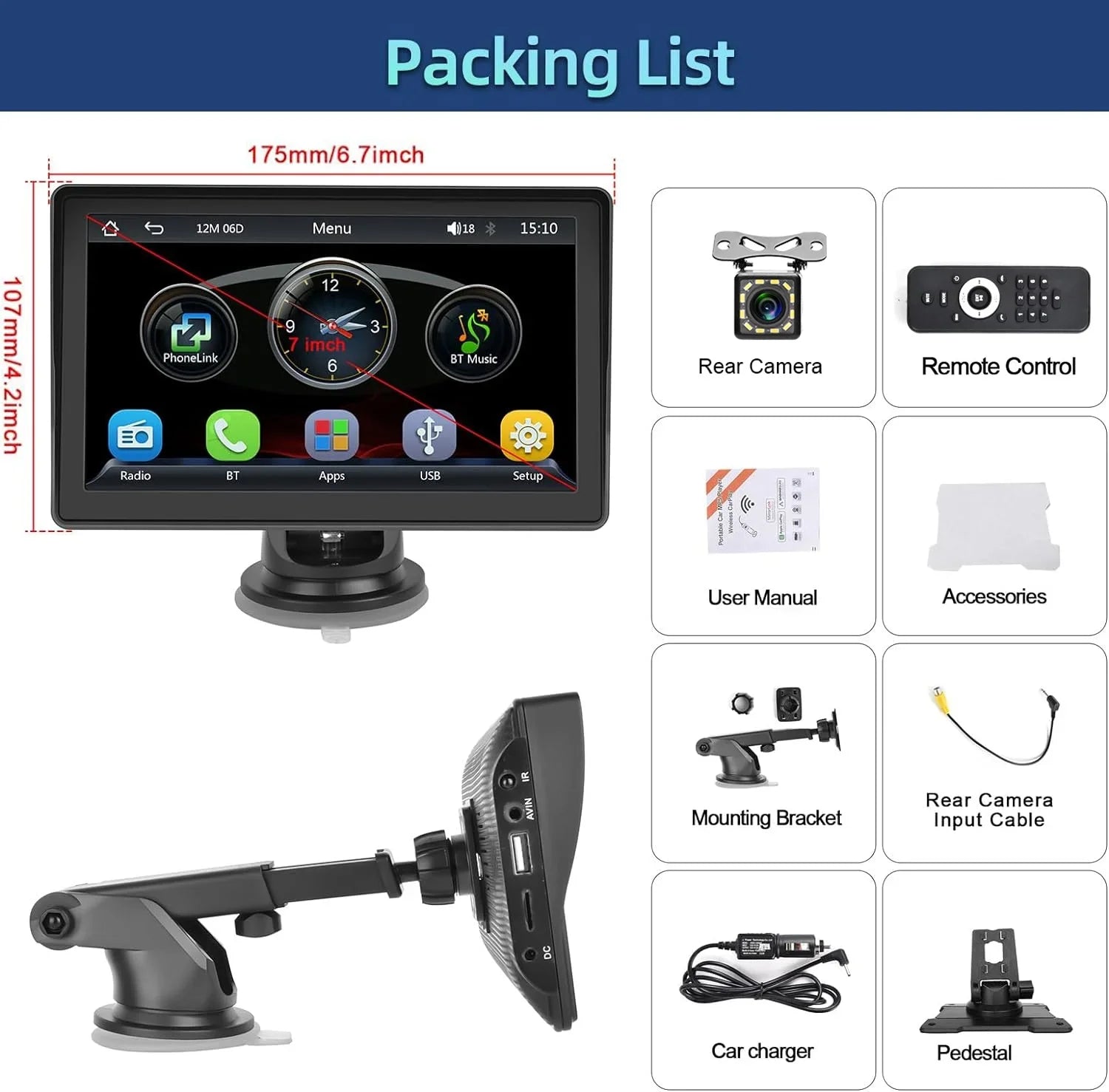 Podofo 12-30V 7" Portable Touch Screen Car Stereo Radio Wireless Carplay Android Auto Mirror Link  Bluetooth / for Car Suv Van Pickup, with Backup Camera