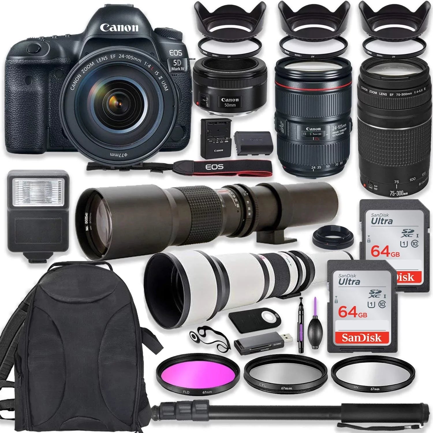 Canon  5D Mark   Camera w/ 24-105mm  Lens Bundle + Canon  75-300mm  Lens, Canon 50mm f/1.8, 500mm Lens & 650-1300mm Lens + Backpack + 128GB Memory + Monopod + Professional Bundle
