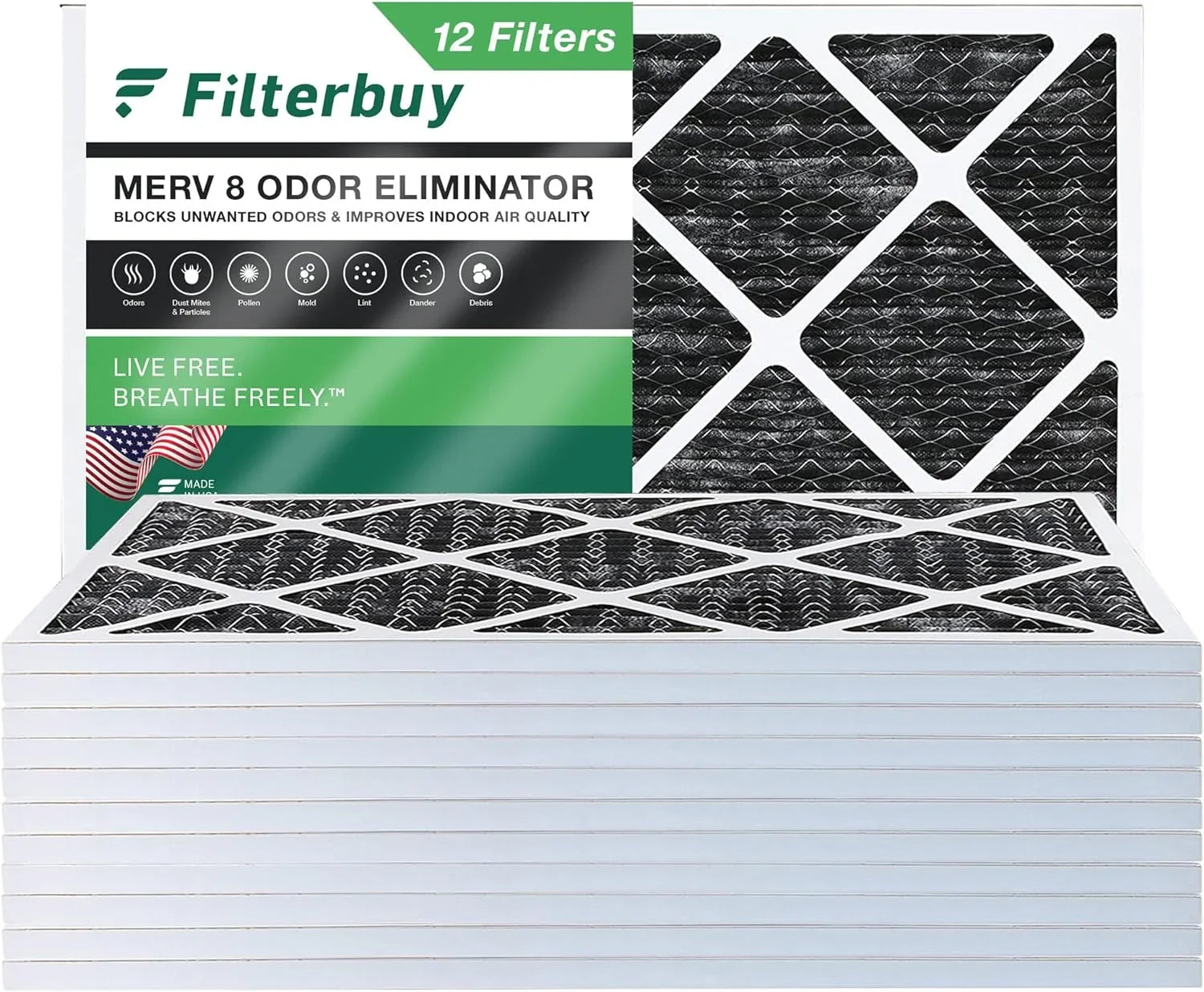 Filterbuy 10x24x1  8 Odor Eliminator Pleated   Furnace Air Filters with Activated Carbon (12-Pack)