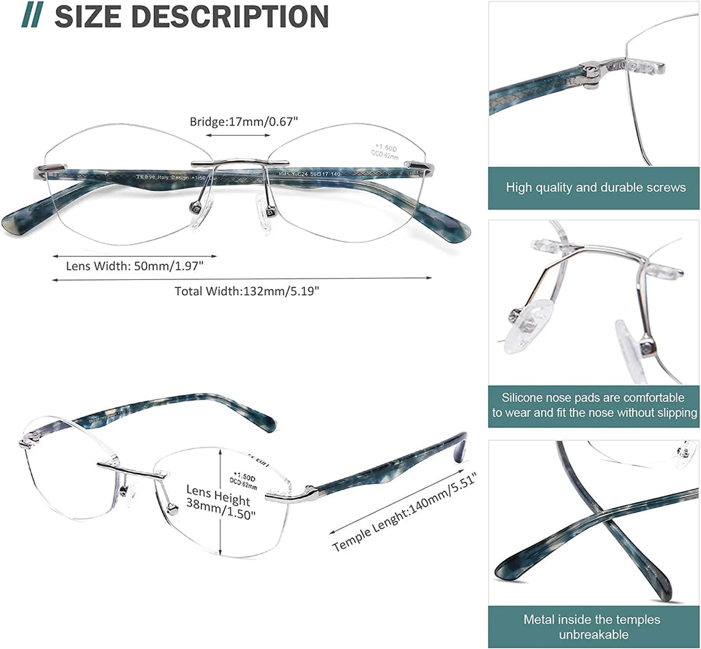 Rimless Computer Reading Glasses Blue Light Blocking Women Readers  Protect Clear Lens Ladies Fashion Designer Frame, 2.5