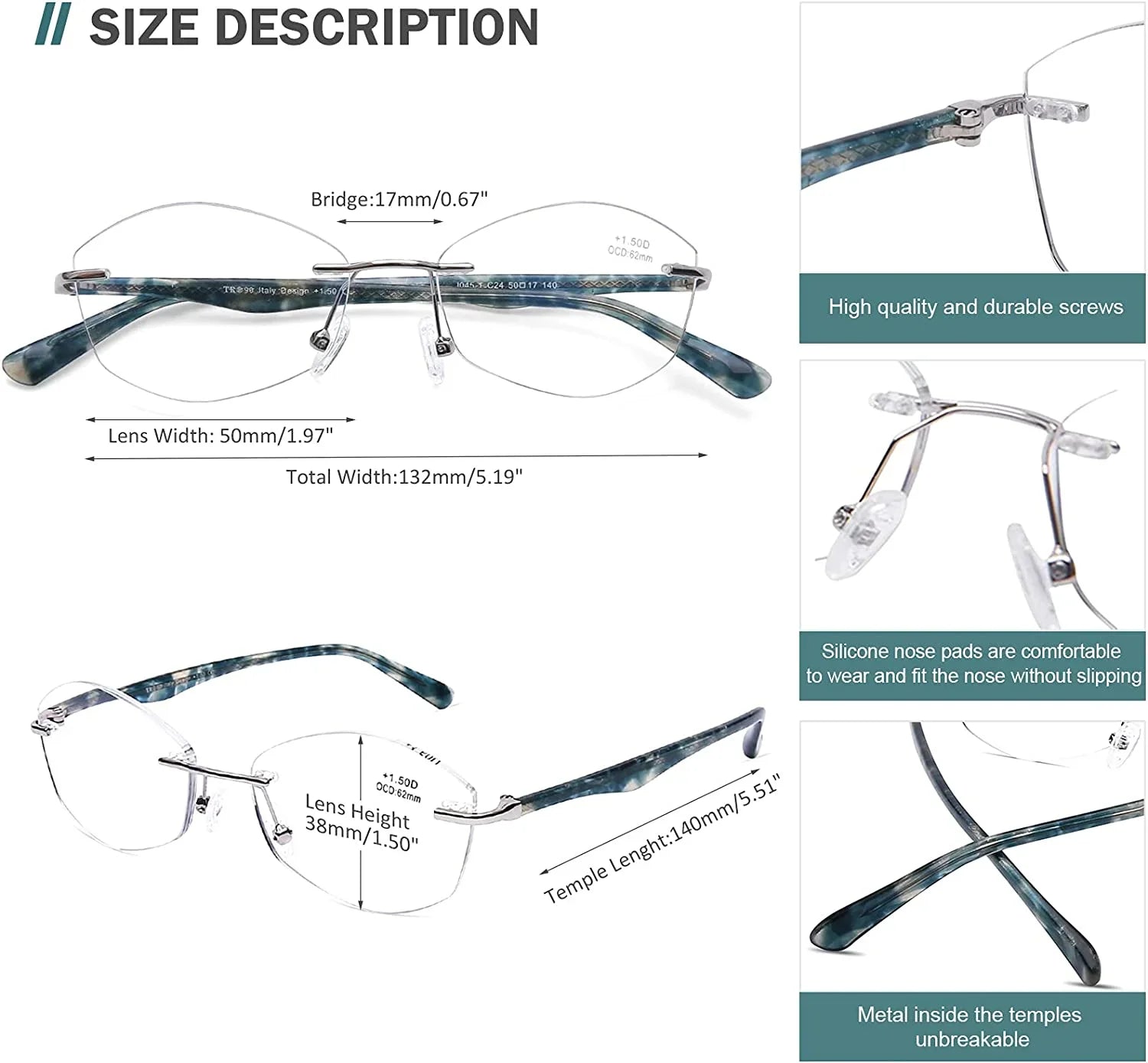 Rimless Computer Reading Glasses Blue Light Blocking Women Readers  Protect Clear Lens Ladies Fashion Designer Frame, 2.5