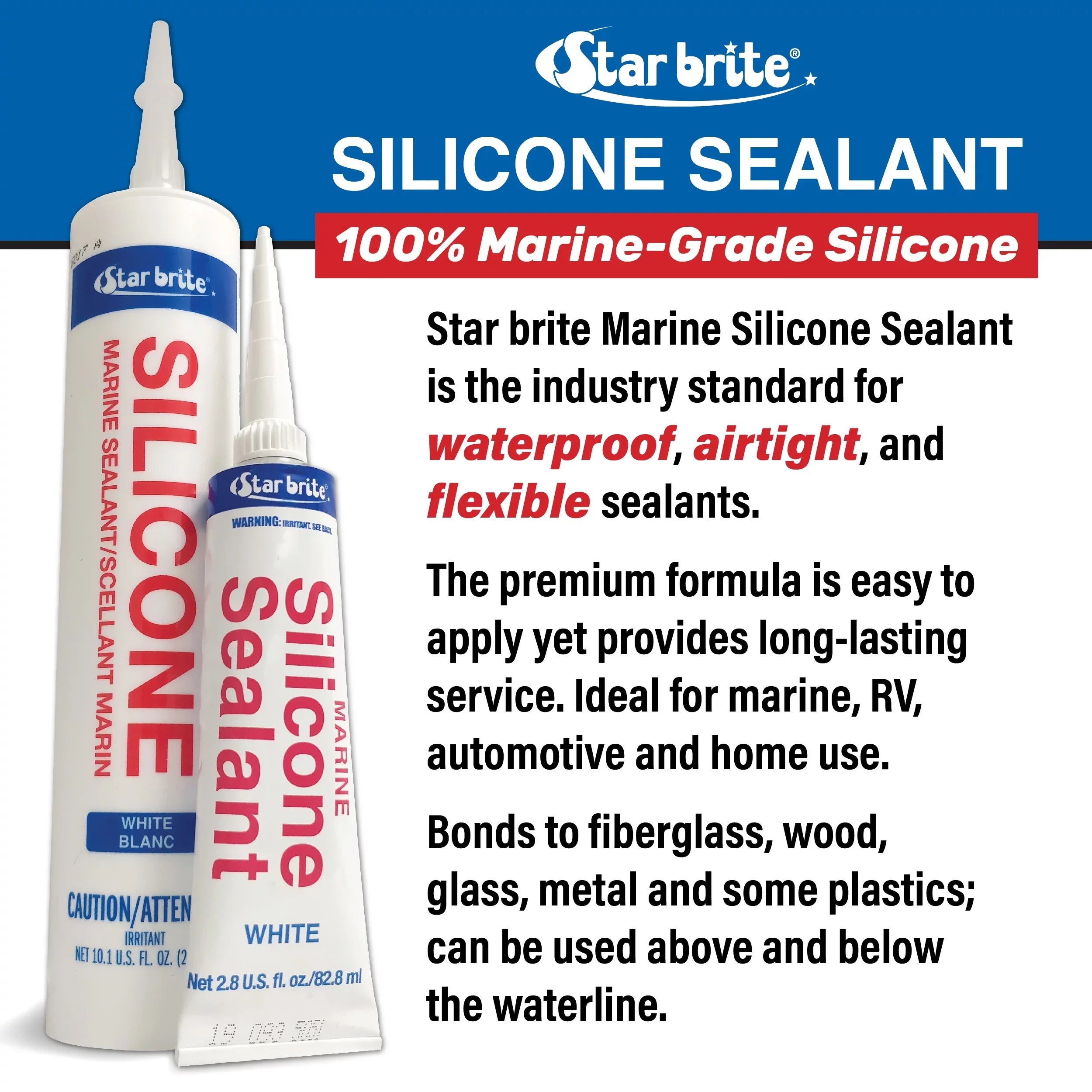 Marine Silicone Sealant - Clear, 10.1 Oz Cartridge, Waterproof, Durable,  Resistant, for Fiberglass, Metal, Wood, Glass, Ceramic & More (082122)