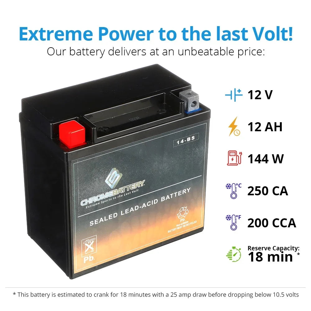 Chrome Battery - (14- 12 Volt,12 Ah, 200 ) Motorcycle Battery for Honda 1100cc Vt1100c, ,  Shadow (spirit, Aero, . . . Tourer) 2003