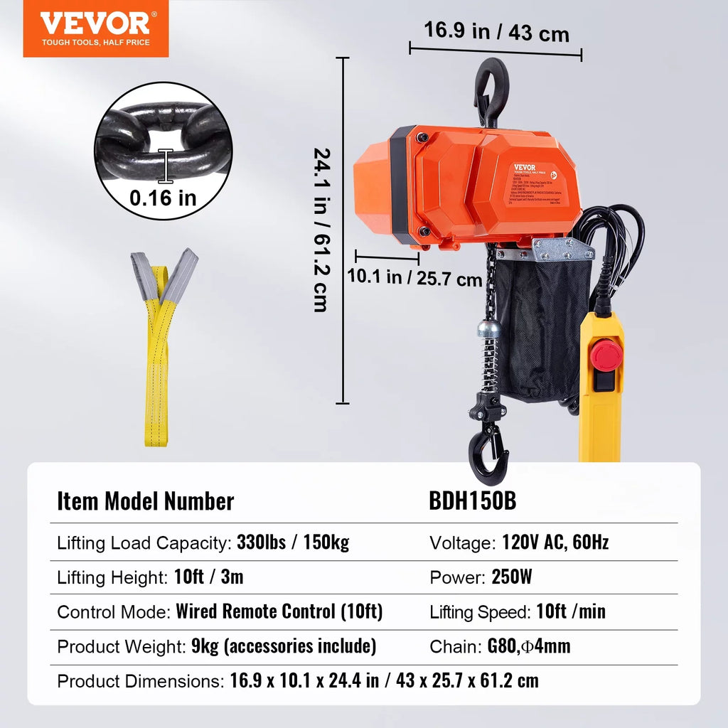 Electric Chain Hoist Single Phase Crane Hoist 330 lbs Load 10 ft Lifting
