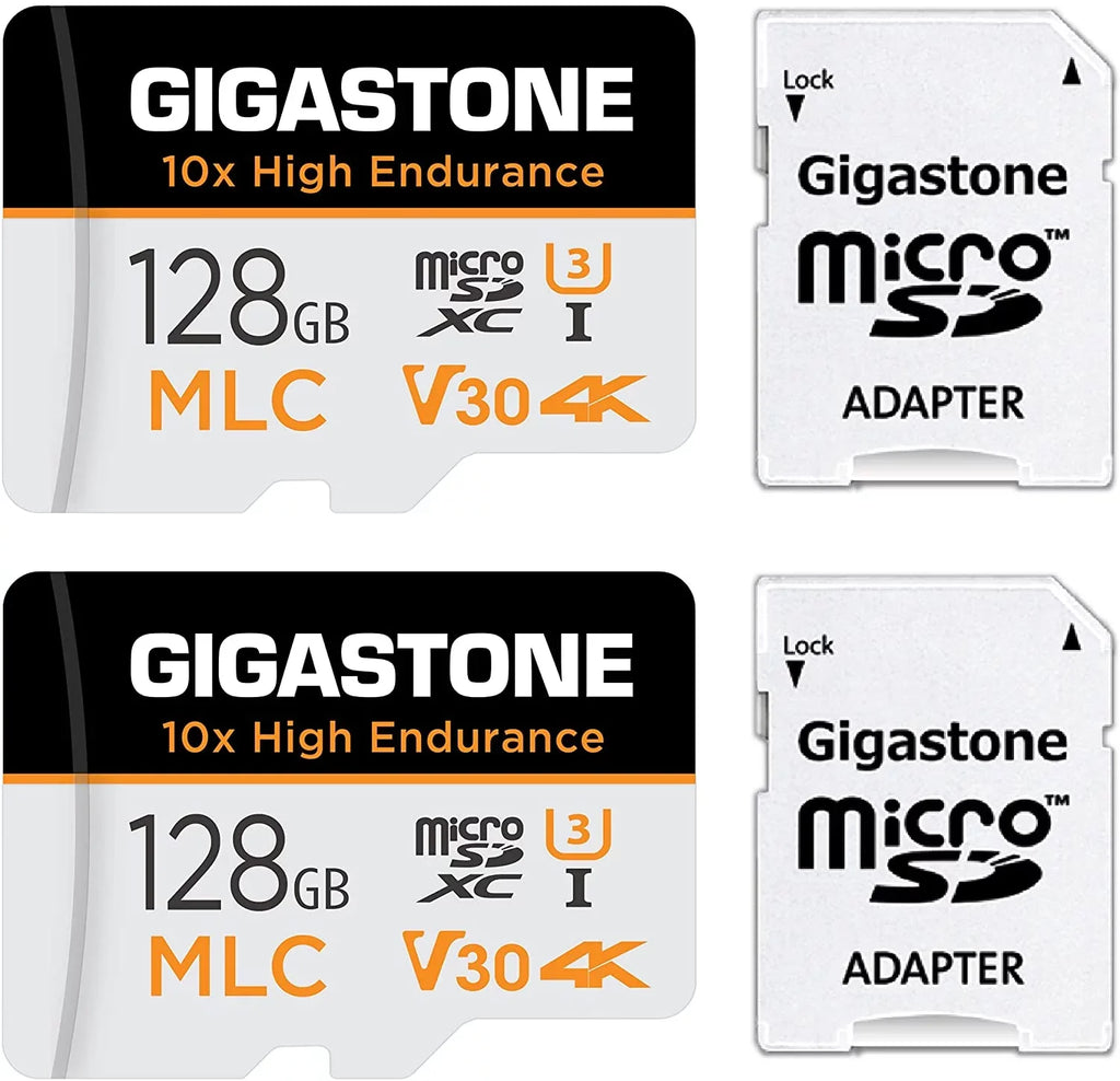 [10x High Endurance] Gigastone 128GB 2-Pack  Micro  Card, 4K Video Recording, Security Cam, Dash Cam, Surveillance Compatible 100MB/s,  , with Adapter