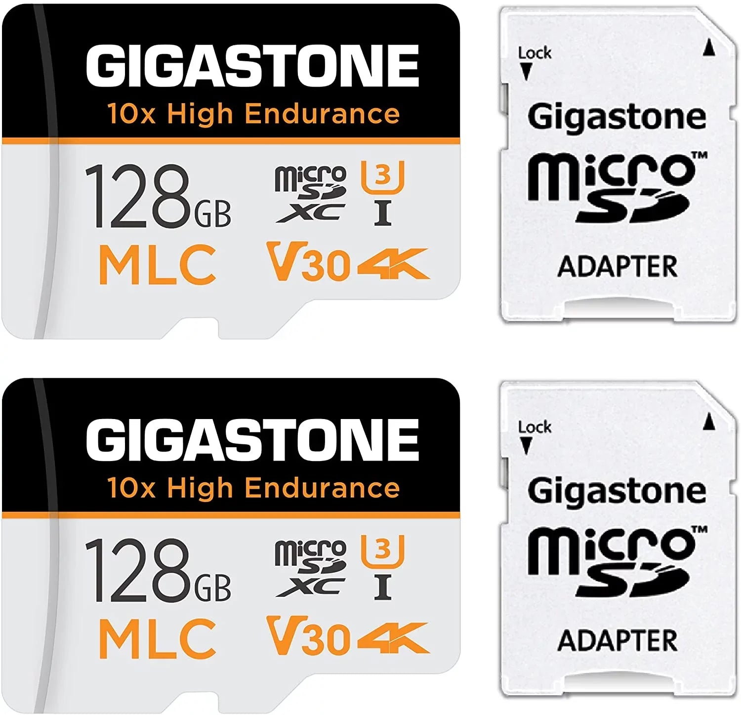 [10x High Endurance] Gigastone 128GB 2-Pack  Micro  Card, 4K Video Recording, Security Cam, Dash Cam, Surveillance Compatible 100MB/s,  , with Adapter
