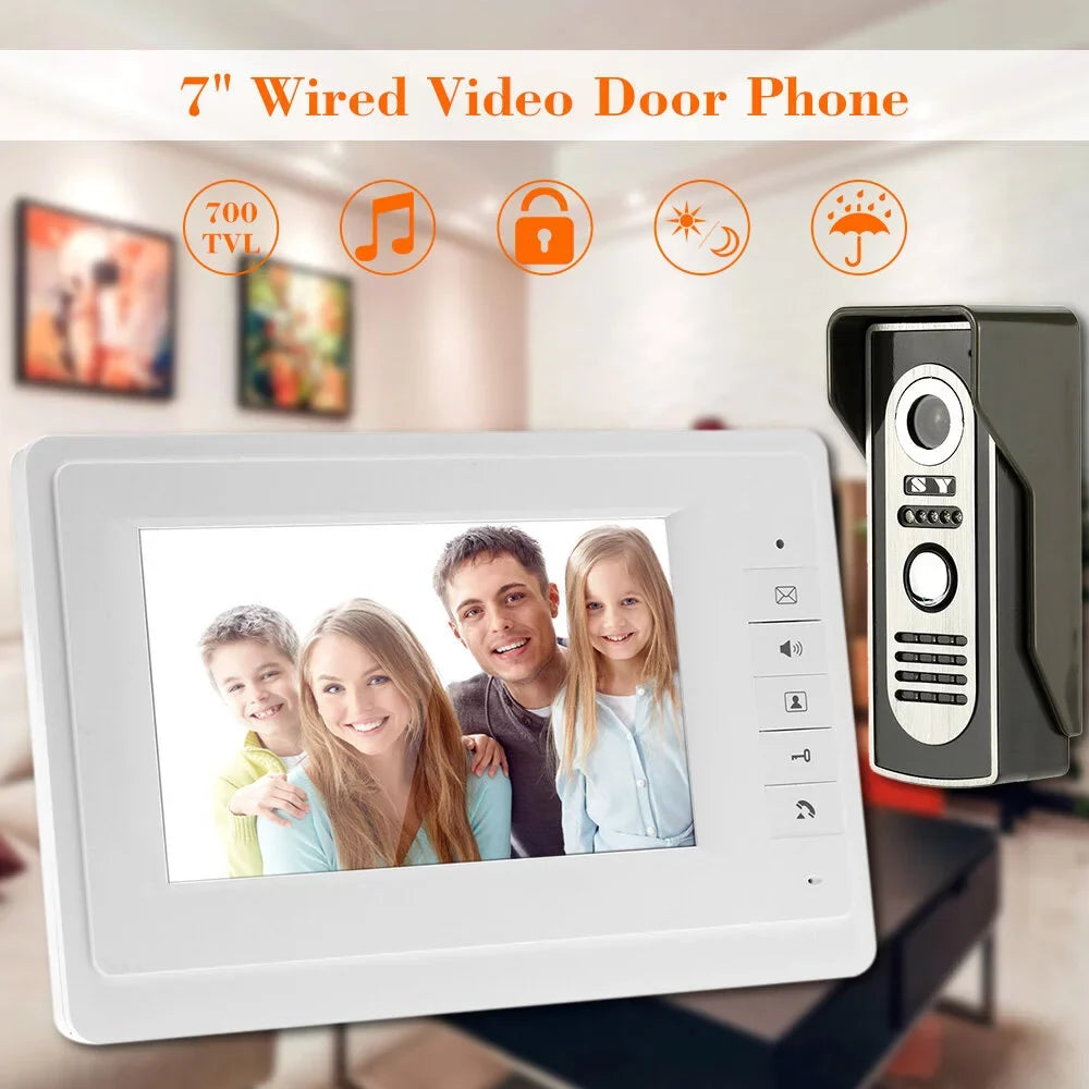 7” Wired Video Door Phone System Visual Doorbell with Indoor Monitor and Outdoor support Unlock Infrared Night View Rainproof for Home