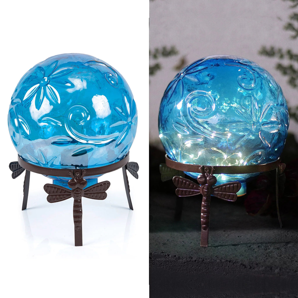 Alpine Corporation 10"  x 10"  x 13"  Embossed Glass Light-up Gazing Globe, Blue