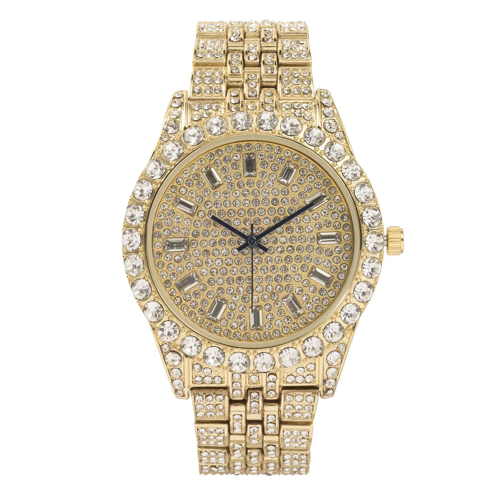 Charles Raymond Mens Hip Hop Metal Timepiece - Big Rhinestones on Trim and Elegant Baguette Time Indicators on Dial - Master Blinged Out Designer Look -   Single (Gold Gold)