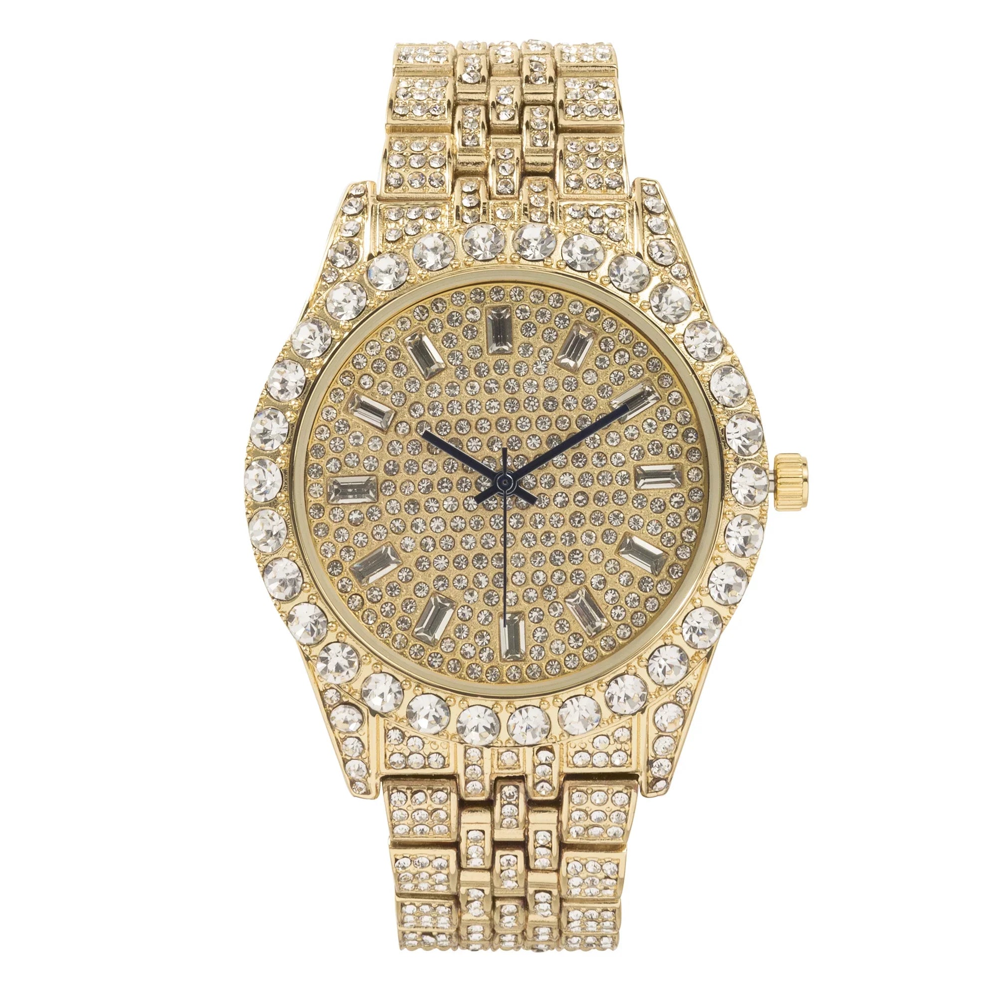 Charles Raymond Mens Hip Hop Metal Timepiece - Big Rhinestones on Trim and Elegant Baguette Time Indicators on Dial - Master Blinged Out Designer Look -   Single (Gold Gold)