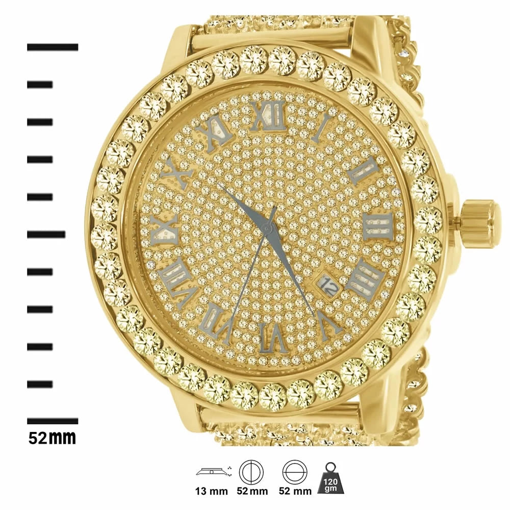 Mens Roman Numerals Watch Lab Diamond Canary Tone Stainless Steel 1 Row Bezel Custom Iced Out Band Khronos Jo Rodeo /Date
