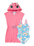 Saint Eve Toddler Girls Unicorn Cosplay Terry Cover-Up & One-Piece Swimsuit, 2-Piece Swim Set, Sizes 2T-4T