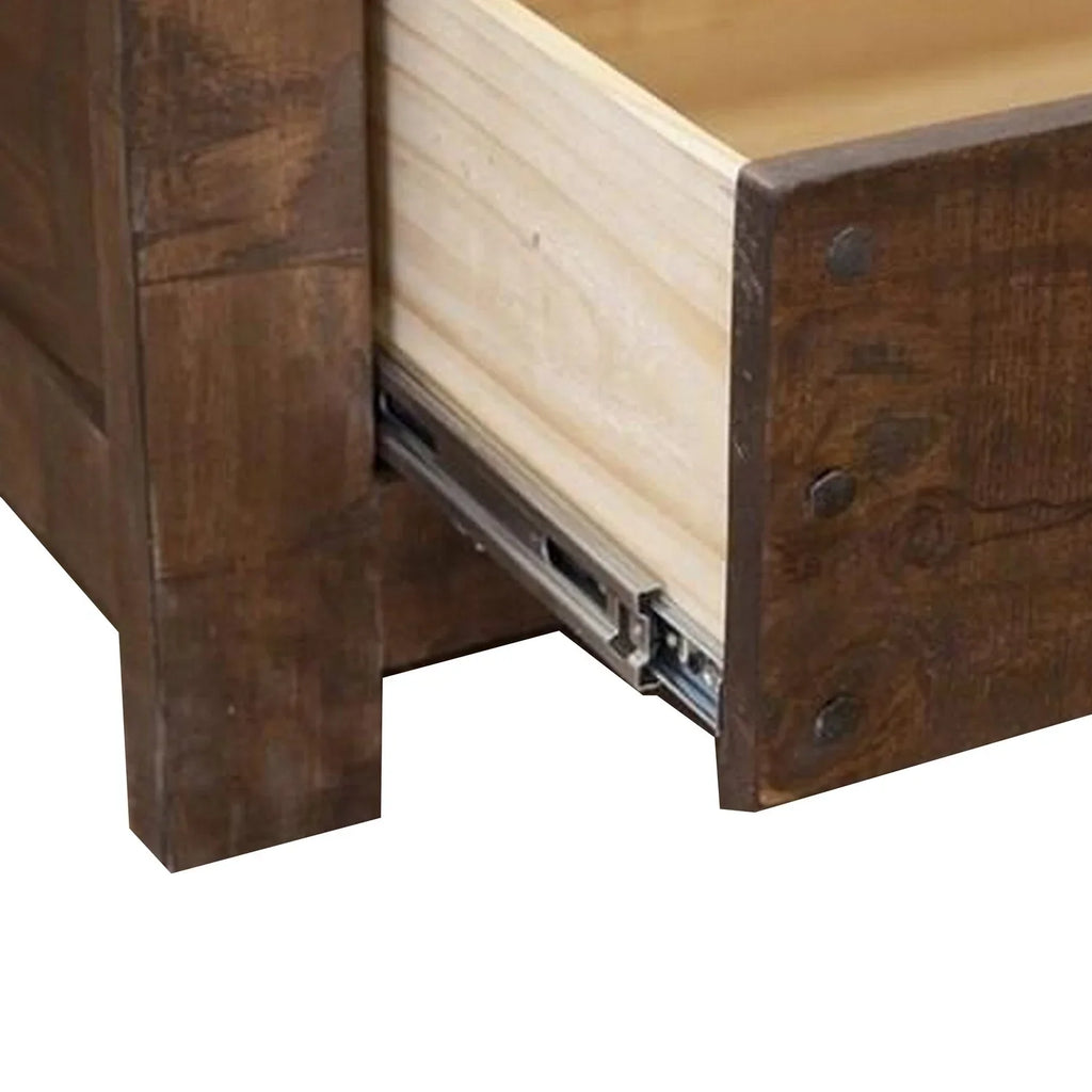 Benjara Maye King Size Bed, 2 Drawers, Fixed Shelves, Deep Rustic Brown Finish
