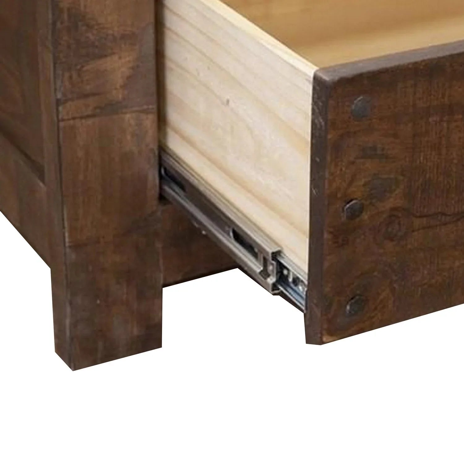 Benjara Maye King Size Bed, 2 Drawers, Fixed Shelves, Deep Rustic Brown Finish