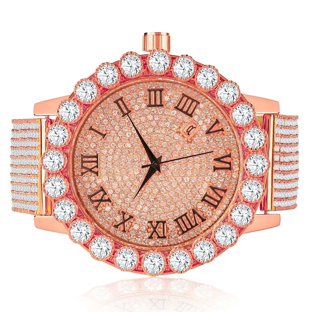 Roman Dial Solitaire Bezel Men's Lab Diamond 18K Rose Gold Finish Stainless Steel Back 10 Row Iced Out Band Custom Khronos Watch /Date