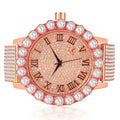 Roman Dial Solitaire Bezel Men's Lab Diamond 18K Rose Gold Finish Stainless Steel Back 10 Row Iced Out Band Custom Khronos Watch /Date