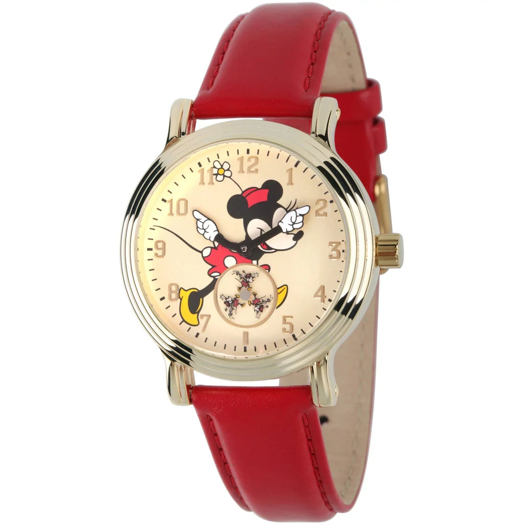 Articulating Classic Minnie Mouse Red Polka Dot Dress Women's Gold Vintage Alloy Watch, Red Leather Strap