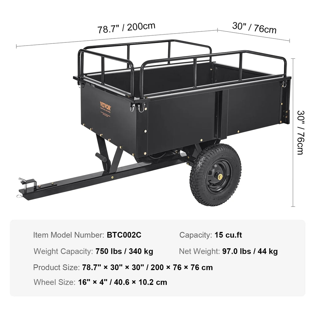 Dump Trailer Tow Behind Dump Cart, 750 lbs 15 Cu. Ft, Steel Construction Garden Utility Trailer with Removable Sides